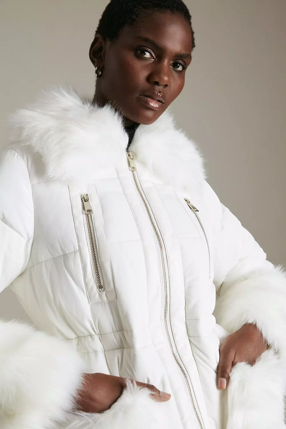 Karen millen padded coat with fur trim best sale